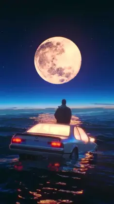 Man Sitting on Car Floating in the Ocean live wallpaper download