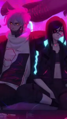 Cyberpunk Couple Sitting in Night City live wallpaper download