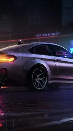 BMW M4 Parked on a Wet Road at Night live wallpaper download