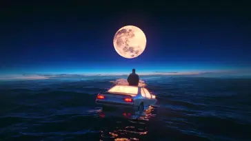 Man Sitting on Car Floating in the Ocean live wallpaper download