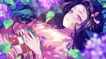 Nezuko in Violet Flowers (Kimetsu No Yaiba) live wallpaper download