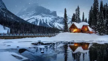 Cabin in Winter by a Lake live wallpaper download