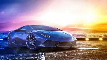 Blue LAMBORGHINI Huracan Parked by the Sea at Sunset live wallpaper download