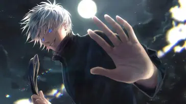 Gojo Satoru With Snow-White Hair Against a Moon live wallpaper download
