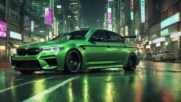 Green BMW M5 in Night City live wallpaper download