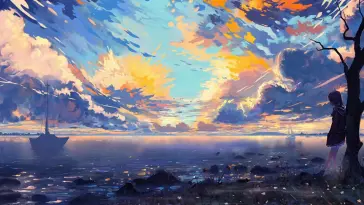 Landscape Sea Ships and Girl on the Shore live wallpaper download