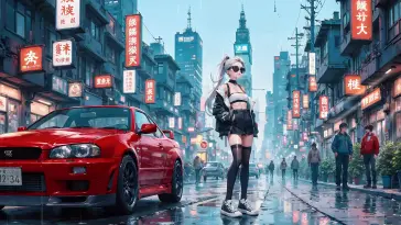 Anime Girl and Skyline R34 live wallpaper download