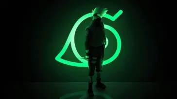 Cool Ninja Kakashi Standing in Front of a Konoha Logo live wallpaper download